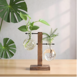 Glass Planter With Wooden Base